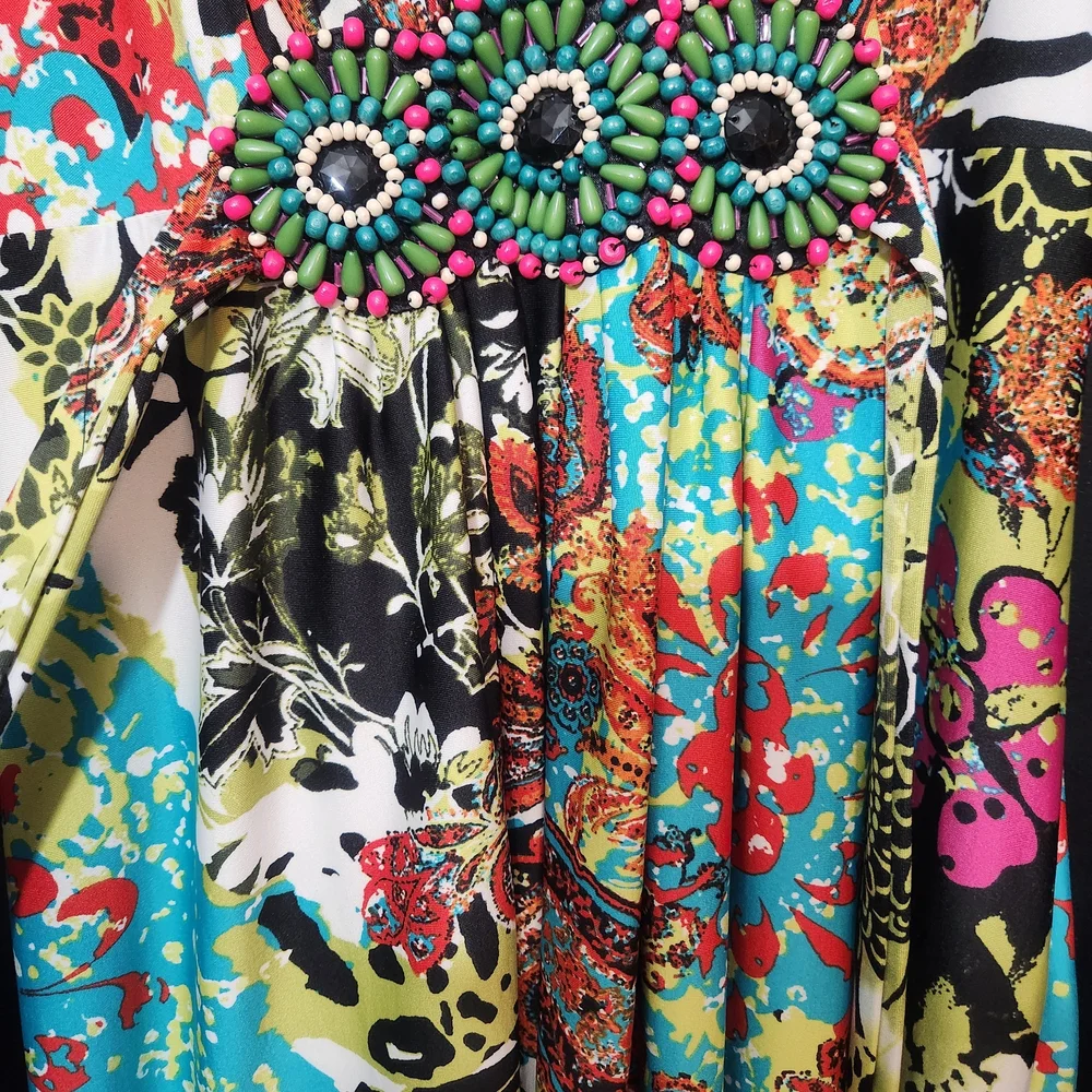 ECI Medallion Beaded Bodice Abstract Print Flowy Festival Maxi Sz 12 - Picture 5 of 16